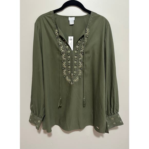 NWT Chico's Embellished Peasant Blouse Women's 2 12/14 Long Sleeve Olive Green - Picture 1 of 8